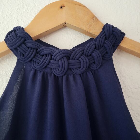 Naked Zebra Cold Shoulder Navy Blue Braided Neckline Top / Blouse Size Small - Picture 2 of 8